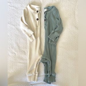 White and blue ribbed Henley jumpsuits